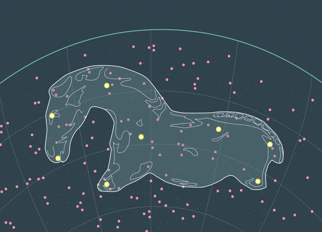 A star constellation map overlaid with an image of the Vogelherd horse, the oldest sculpture known