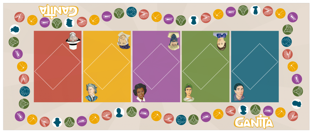 Colourful game board featuring cartoon portraits