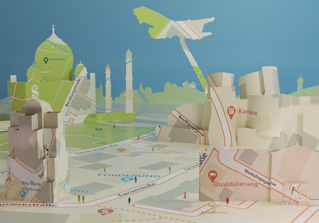A pop-up cityscape of paper buildings sitting on a map with figures of people wandering through them.