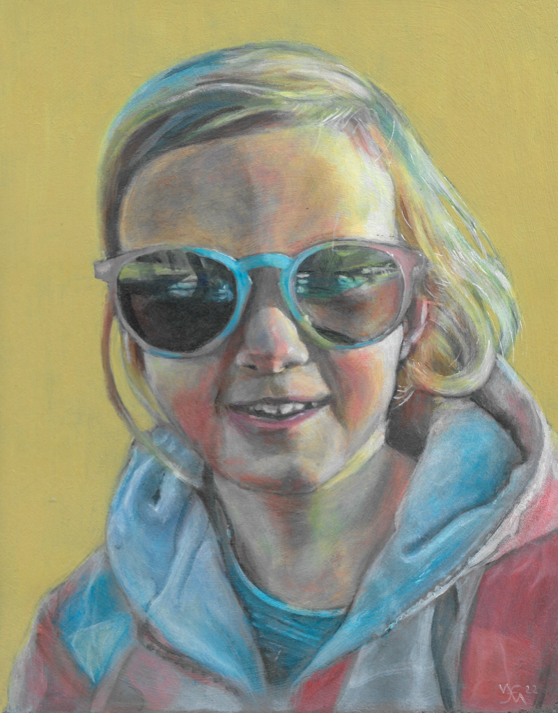 Painted portrait of a smiling little girl in colourful sunglasses